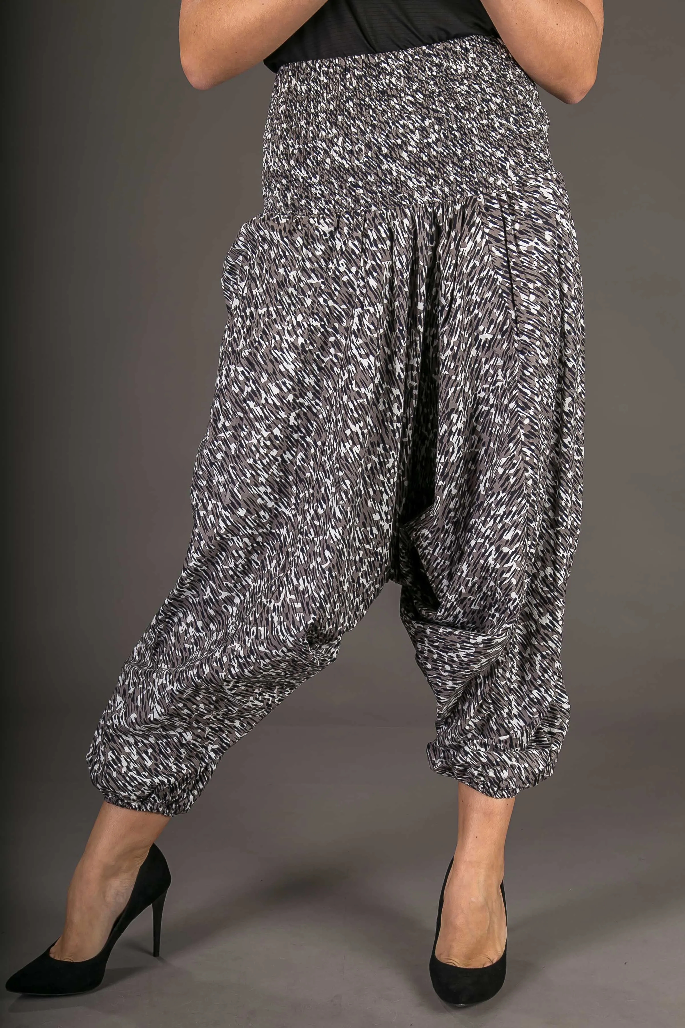 Black Splatter Print Cotton Harem Yoga Jumpsuit Pants