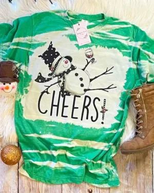 Cheers Snowman Wine Bleached Dye Canvas Girlie T Shirt