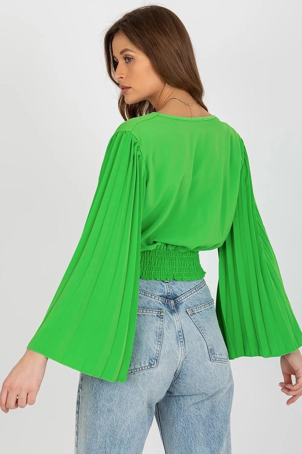 Chic Italian Pleated Sleeve Blouse with Envelope Neckline and Comfortable Elastic Waistband