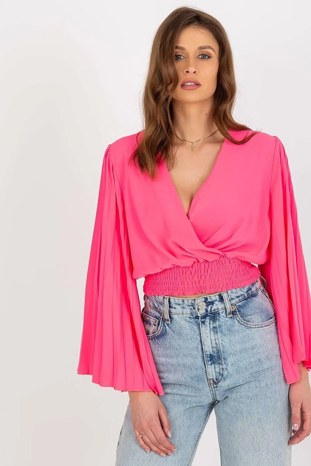 Chic Italian Pleated Sleeve Blouse with Envelope Neckline and Comfortable Elastic Waistband