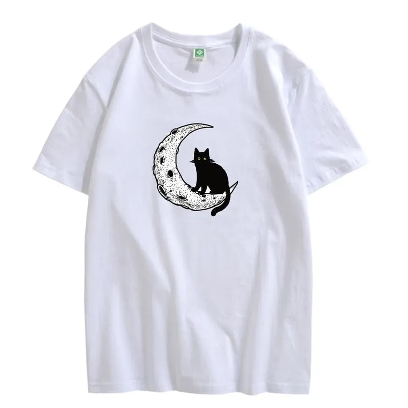 CORIRESHA Unisex Moon Cat Crewneck Short Sleeve Casual Soft Cotton Cute T-Shirt