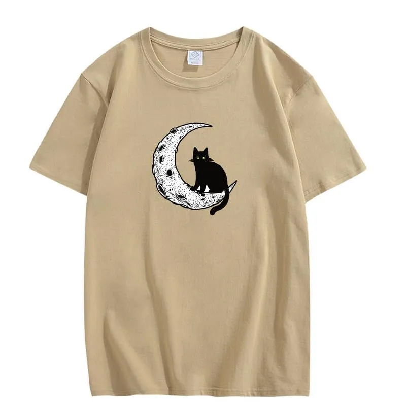 CORIRESHA Unisex Moon Cat Crewneck Short Sleeve Casual Soft Cotton Cute T-Shirt