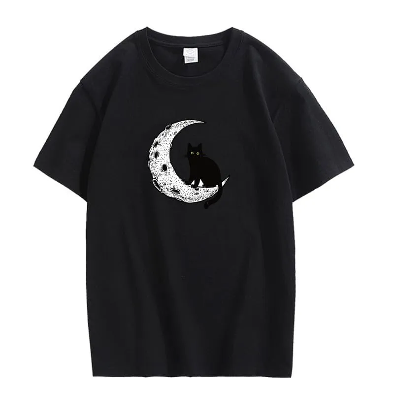 CORIRESHA Unisex Moon Cat Crewneck Short Sleeve Casual Soft Cotton Cute T-Shirt