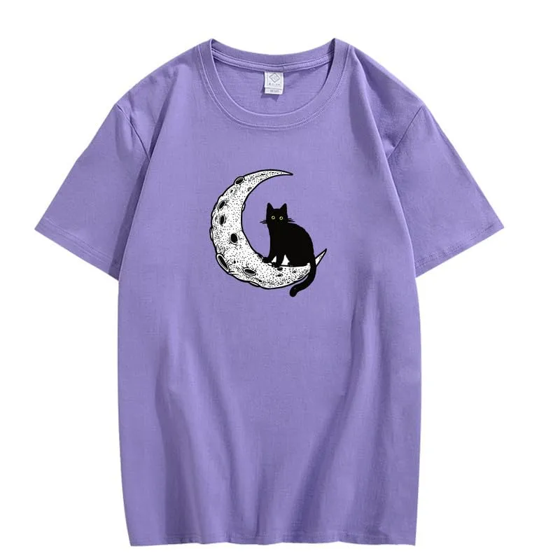 CORIRESHA Unisex Moon Cat Crewneck Short Sleeve Casual Soft Cotton Cute T-Shirt