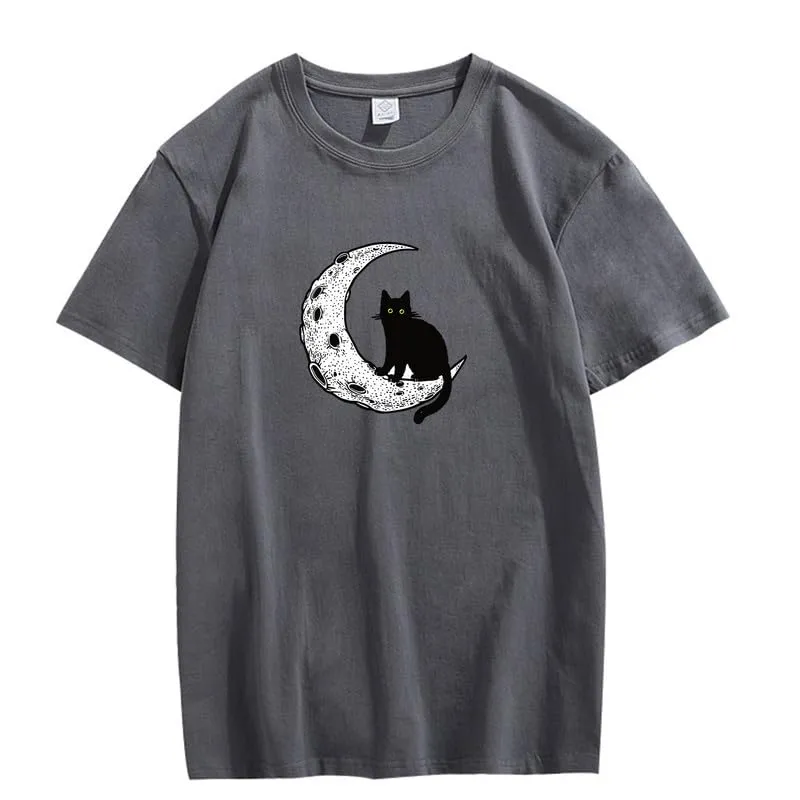 CORIRESHA Unisex Moon Cat Crewneck Short Sleeve Casual Soft Cotton Cute T-Shirt