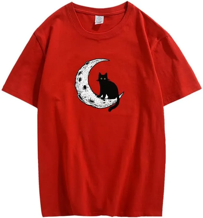 CORIRESHA Unisex Moon Cat Crewneck Short Sleeve Casual Soft Cotton Cute T-Shirt