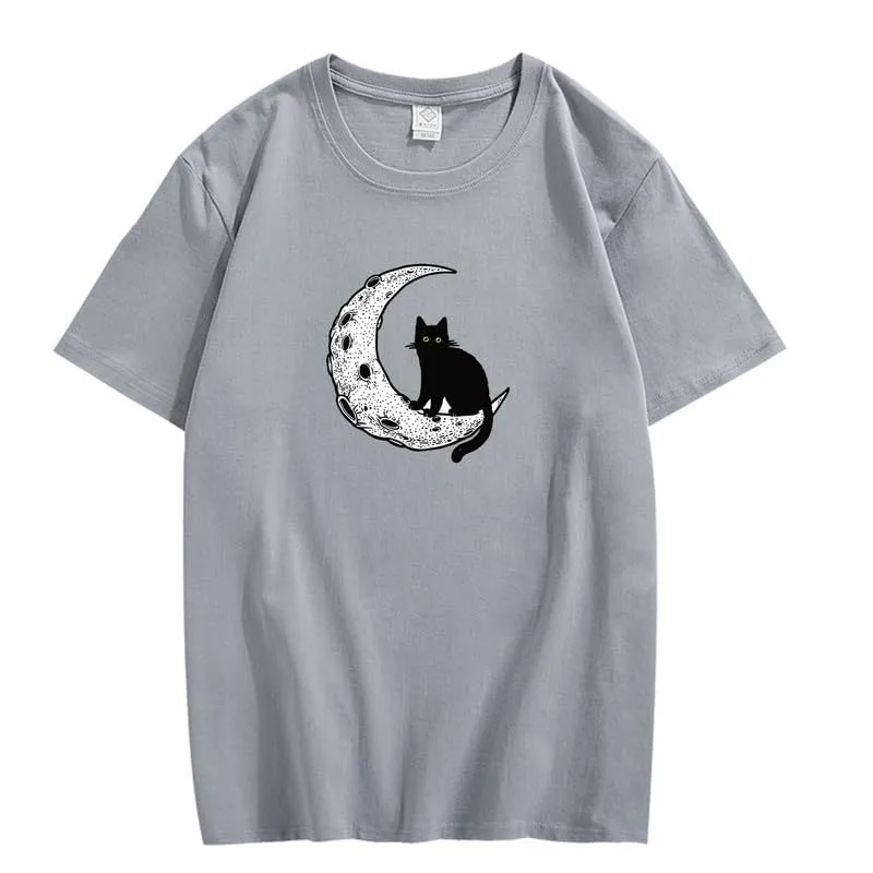 CORIRESHA Unisex Moon Cat Crewneck Short Sleeve Casual Soft Cotton Cute T-Shirt