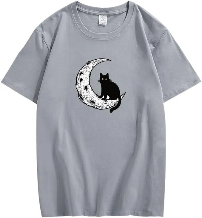 CORIRESHA Unisex Moon Cat Crewneck Short Sleeve Casual Soft Cotton Cute T-Shirt