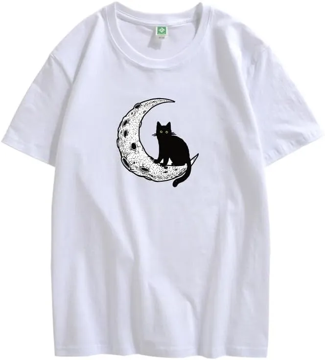 CORIRESHA Unisex Moon Cat Crewneck Short Sleeve Casual Soft Cotton Cute T-Shirt