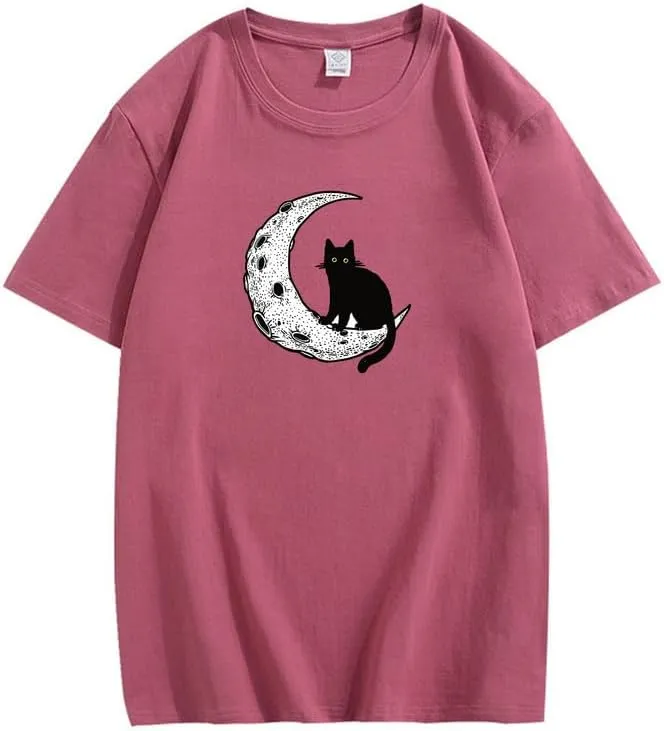 CORIRESHA Unisex Moon Cat Crewneck Short Sleeve Casual Soft Cotton Cute T-Shirt