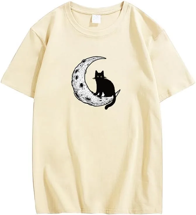 CORIRESHA Unisex Moon Cat Crewneck Short Sleeve Casual Soft Cotton Cute T-Shirt