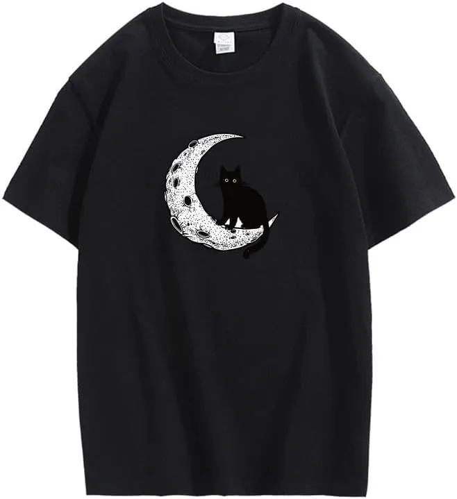 CORIRESHA Unisex Moon Cat Crewneck Short Sleeve Casual Soft Cotton Cute T-Shirt