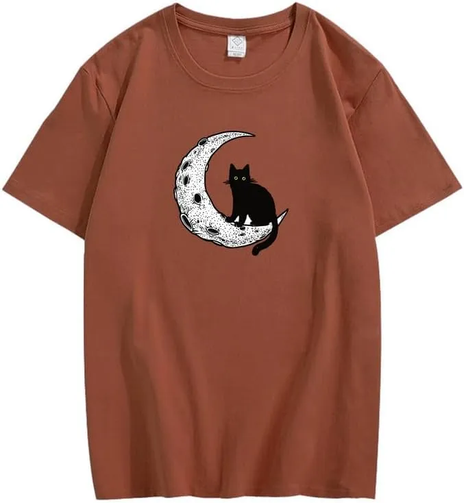 CORIRESHA Unisex Moon Cat Crewneck Short Sleeve Casual Soft Cotton Cute T-Shirt