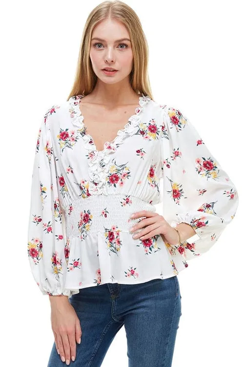 Ditsy Floral Ruffle Trim Smocked Waist Blouse