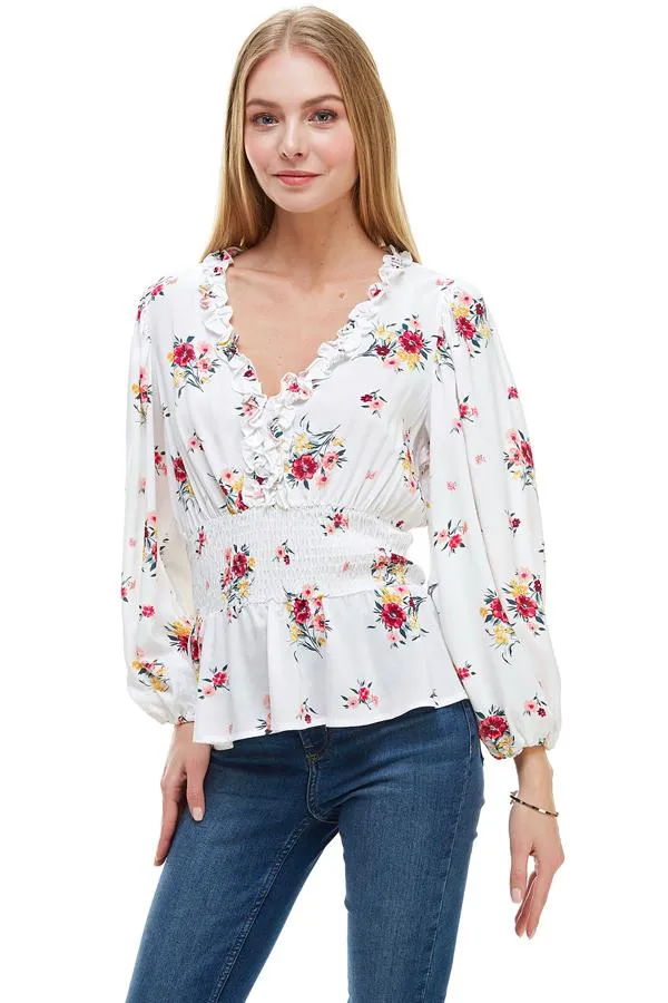 Ditsy Floral Ruffle Trim Smocked Waist Blouse