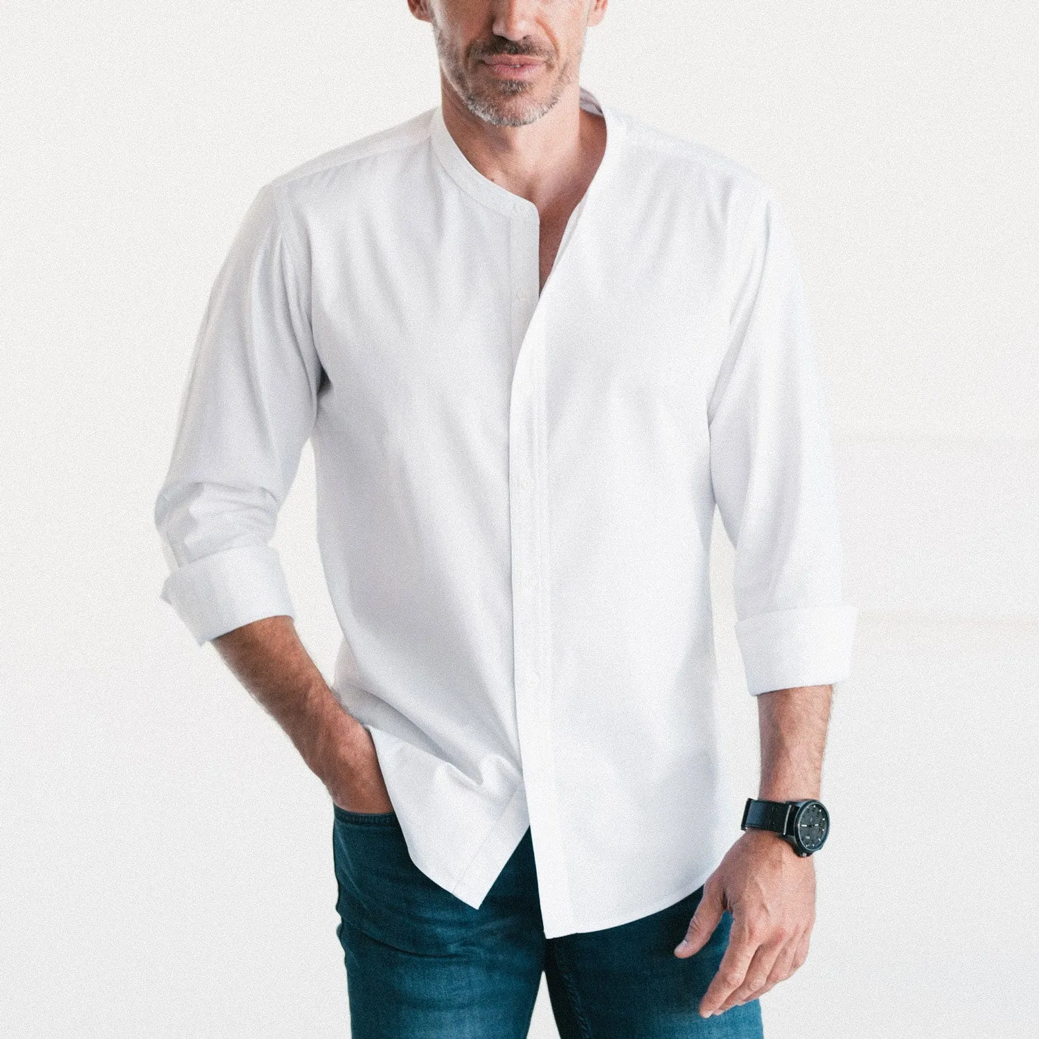 Essential Band Collar Button Down Shirt - Pure White Cotton Twill