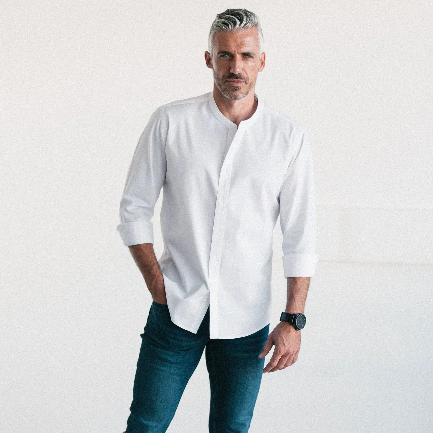 Essential Band Collar Button Down Shirt - Pure White Cotton Twill