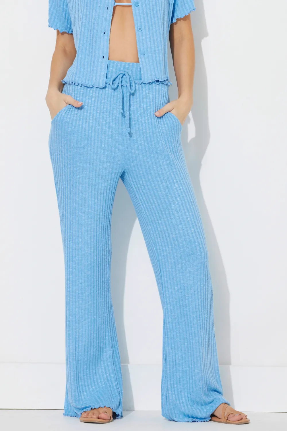 French Blue Solid Rib Lettuce Edge Pants