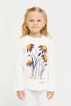 Girls White Flower  Print T-Shirt