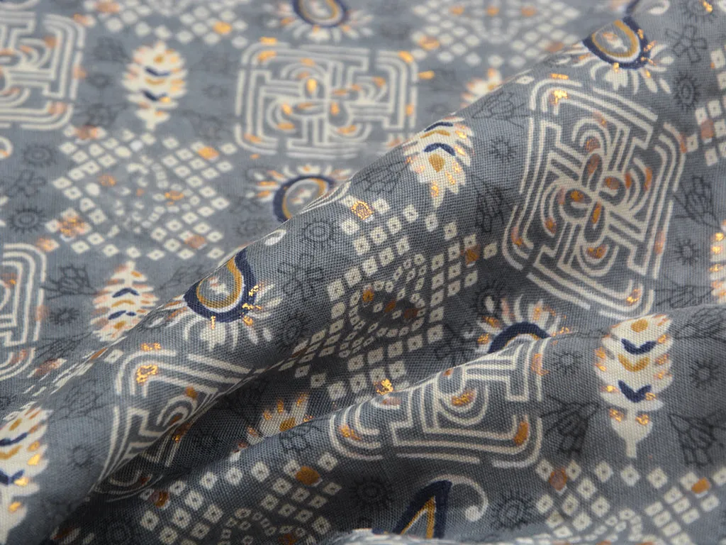 Gray & Cream Abstract Digital Printed Slub Cotton Fabric