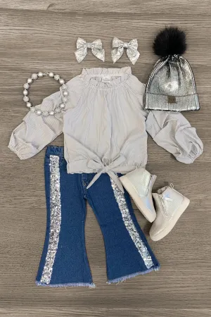 Gray & White Stripe Sequin Denim Flare Set