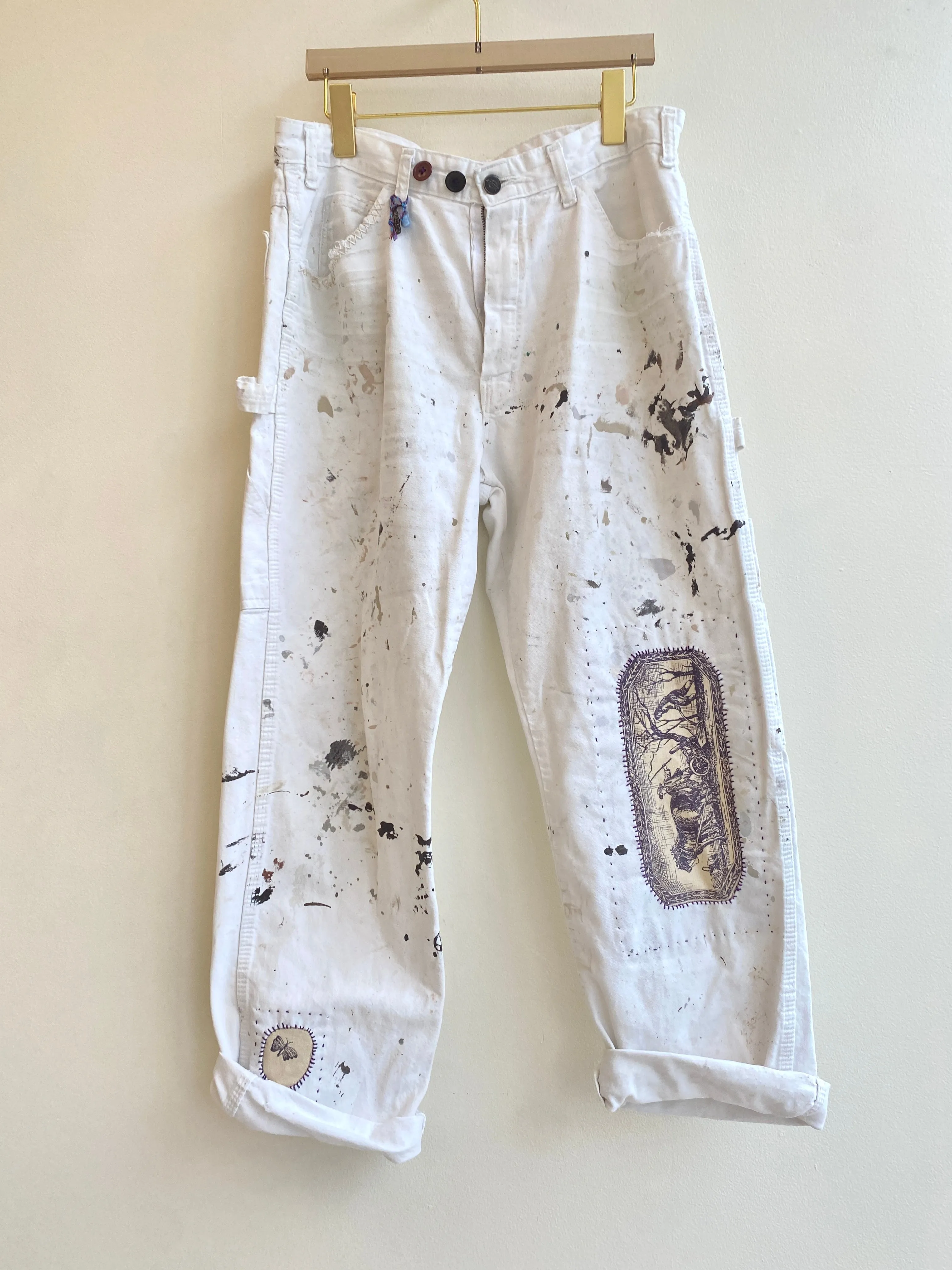 Hand Stitched Farm Life & Butterfly Patches Pants w/ Cracker Jack Charm (Reworked)