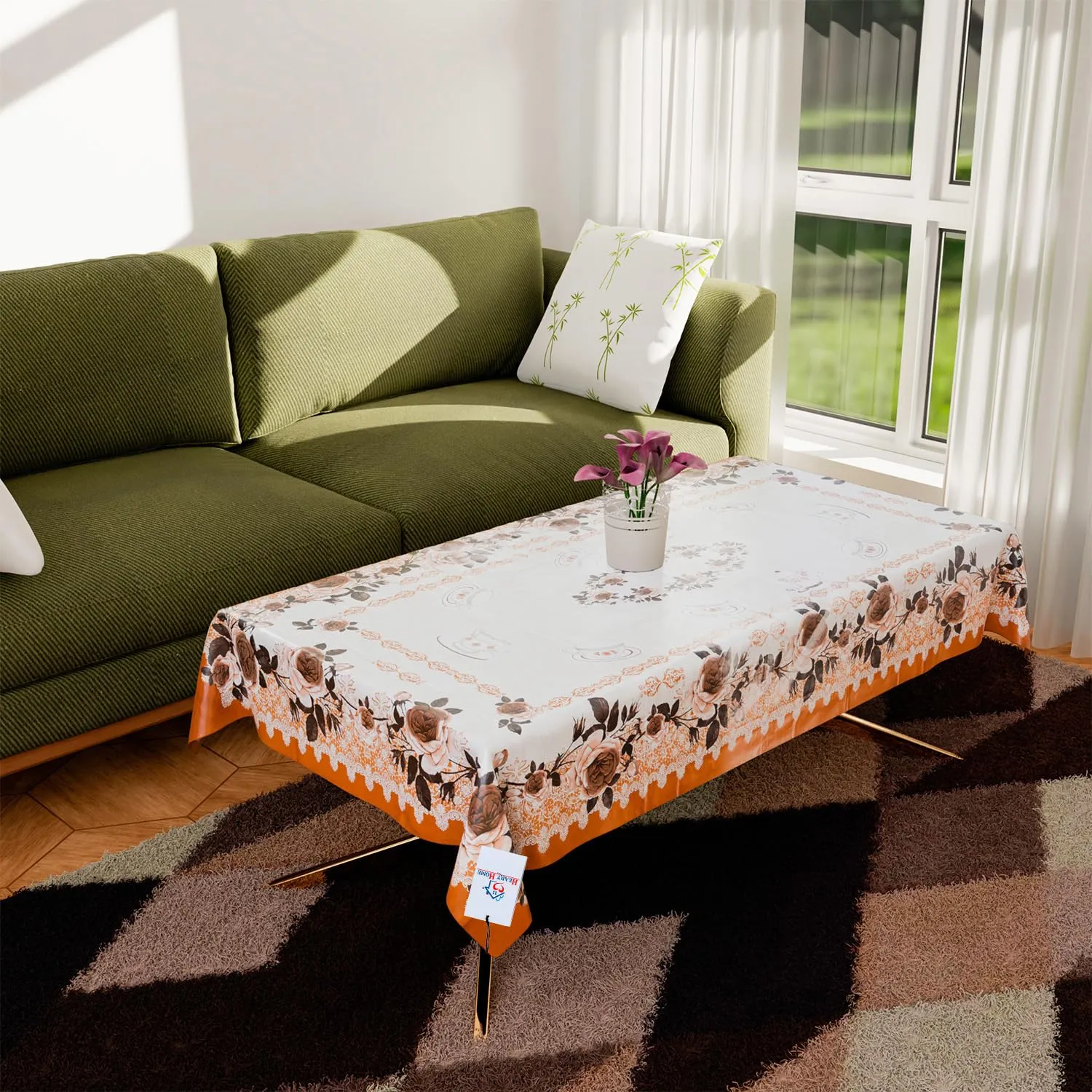 Heart Home Center Table Cover | PVC Cup Design with Floral Border Table Cover | Luxurious Table Protector Cover Without Lace for Home | 40x60 Inch | Orange