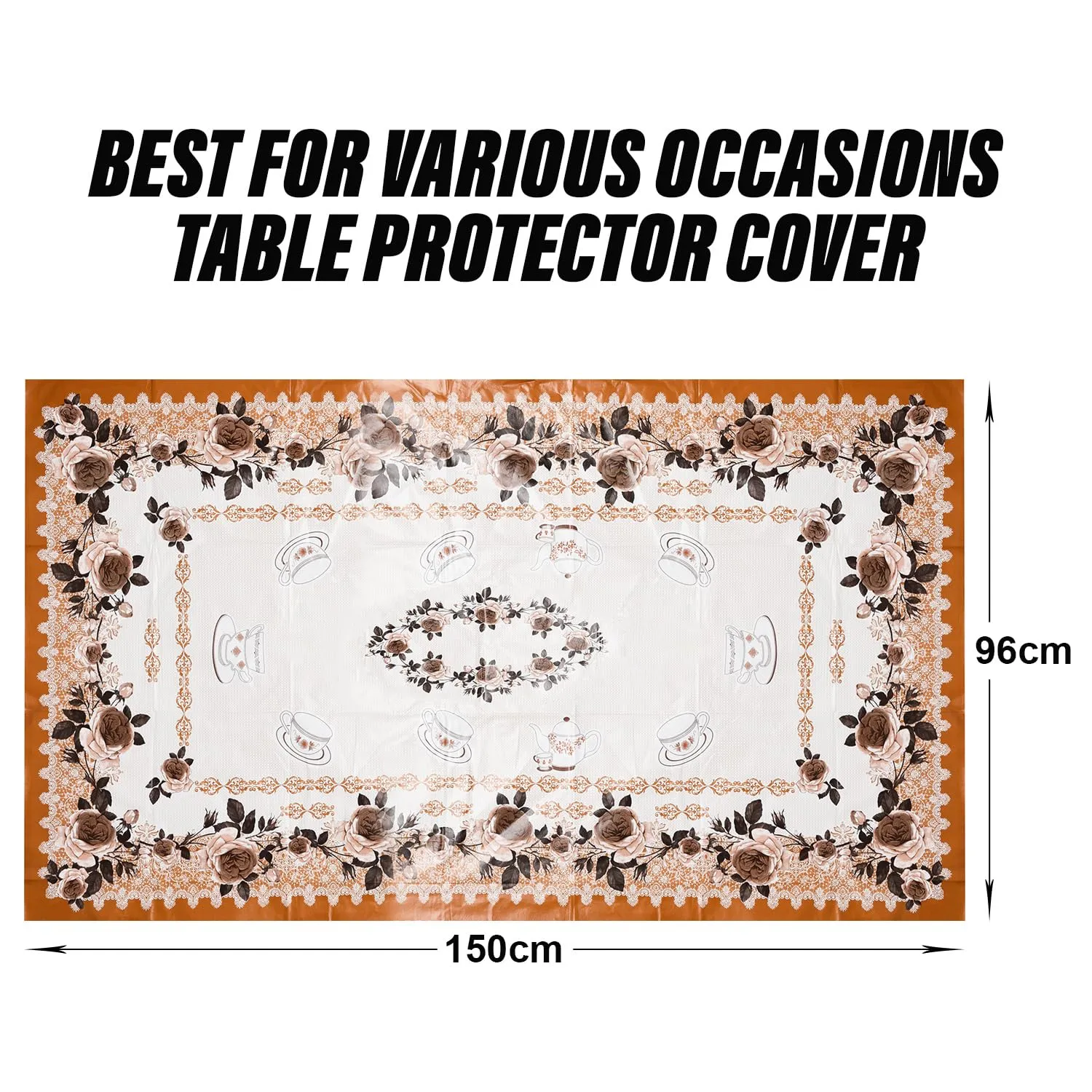 Heart Home Center Table Cover | PVC Cup Design with Floral Border Table Cover | Luxurious Table Protector Cover Without Lace for Home | 40x60 Inch | Orange