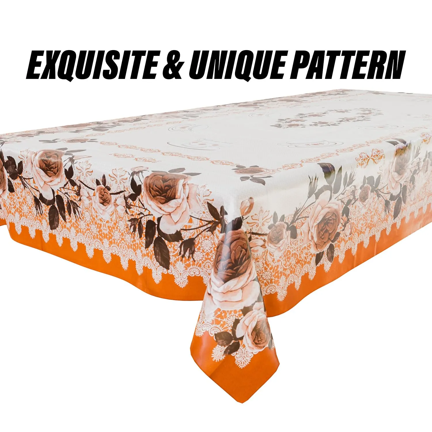 Heart Home Center Table Cover | PVC Cup Design with Floral Border Table Cover | Luxurious Table Protector Cover Without Lace for Home | 40x60 Inch | Orange