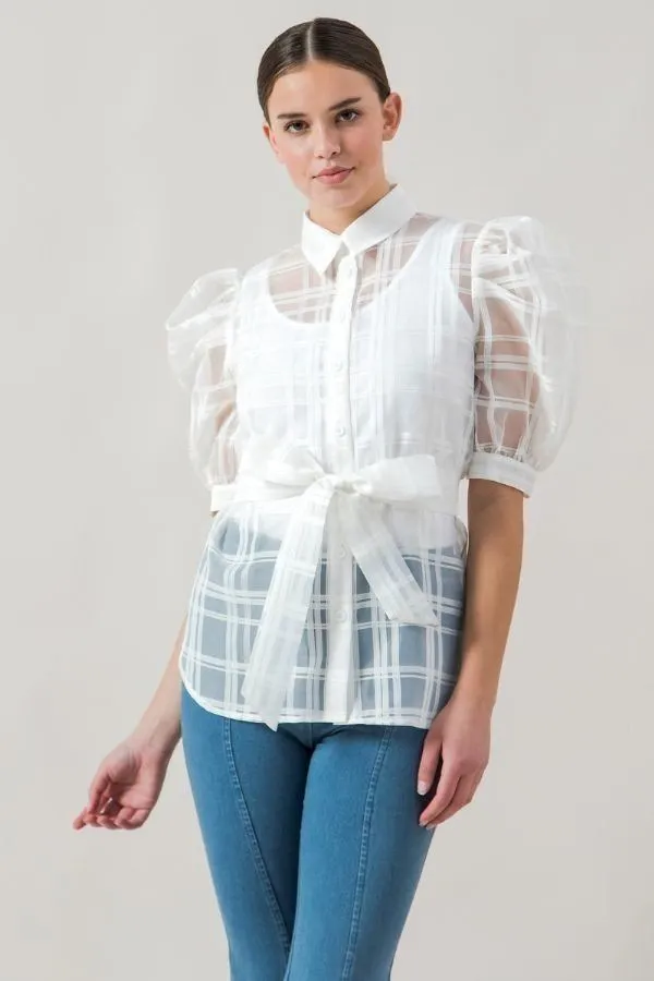 Hot Girl Checkered Mesh Organza Short Sleeve Blouse In White