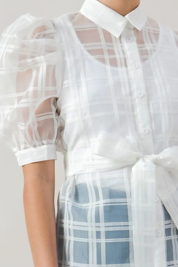 Hot Girl Checkered Mesh Organza Short Sleeve Blouse In White