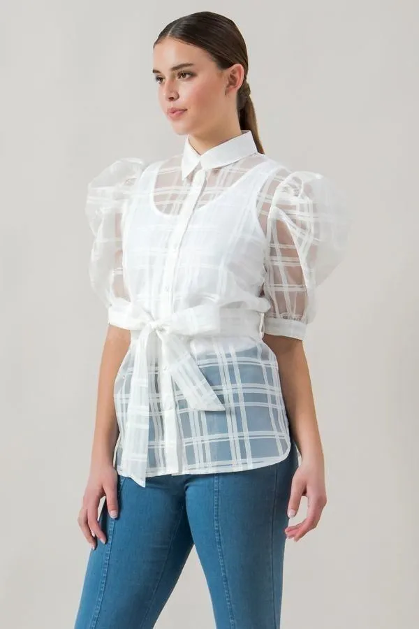 Hot Girl Checkered Mesh Organza Short Sleeve Blouse In White