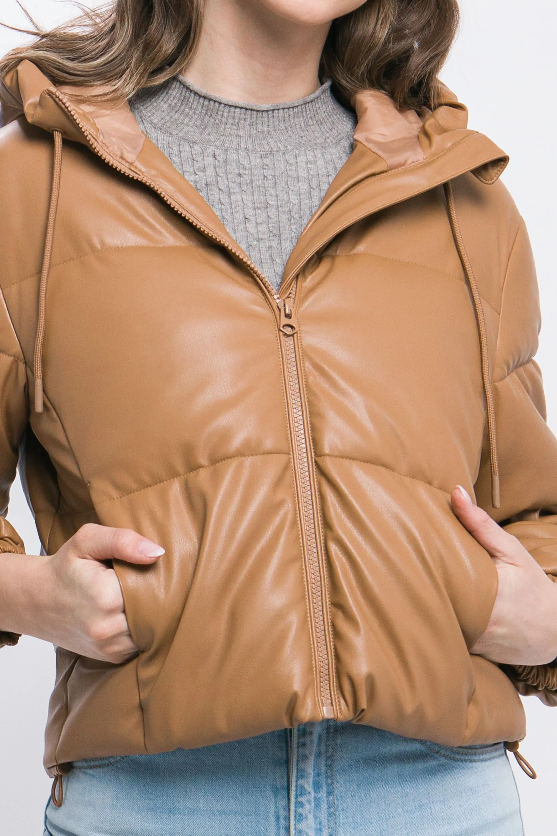 Hot Girl Faux Leather Zipper Hooded Puffer Jacket In Camel