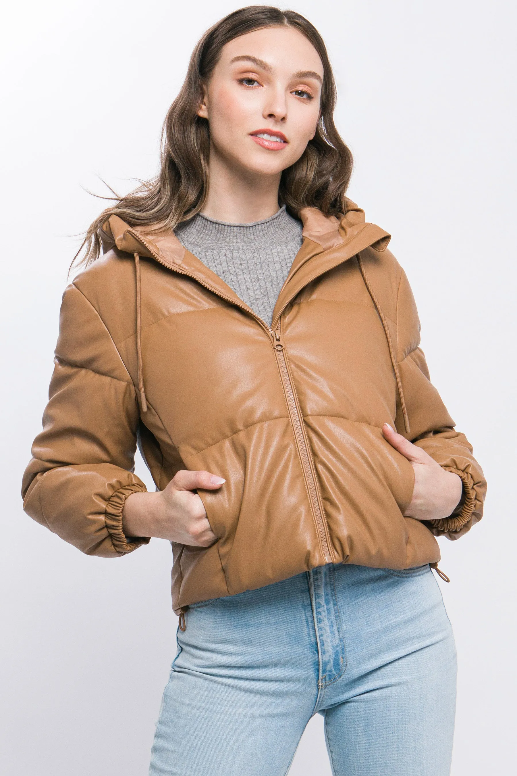 Hot Girl Faux Leather Zipper Hooded Puffer Jacket In Camel