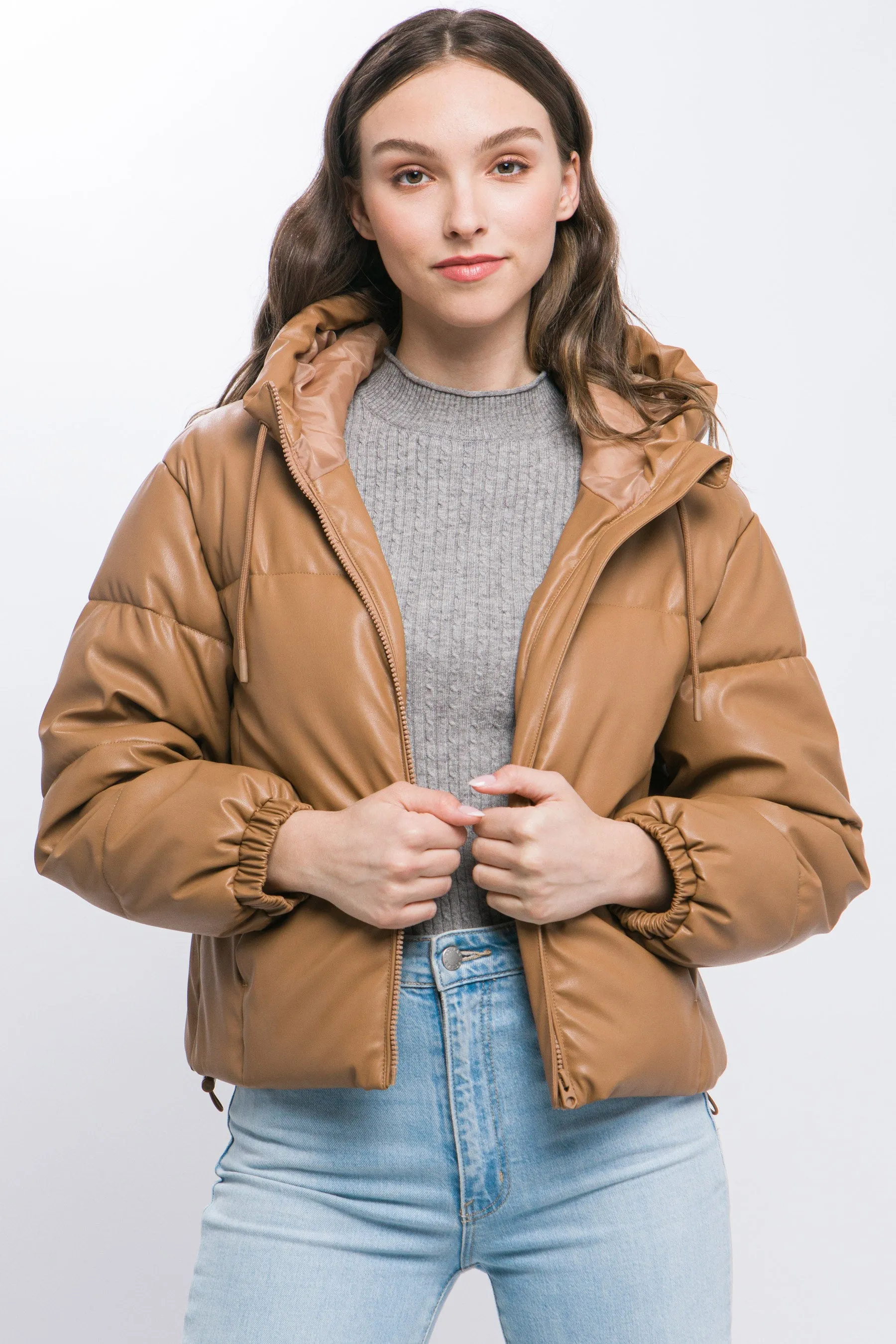 Hot Girl Faux Leather Zipper Hooded Puffer Jacket In Camel