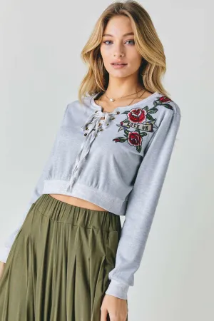 Hot Girl Floral Embroidered Boho Cropped Sweatshirt