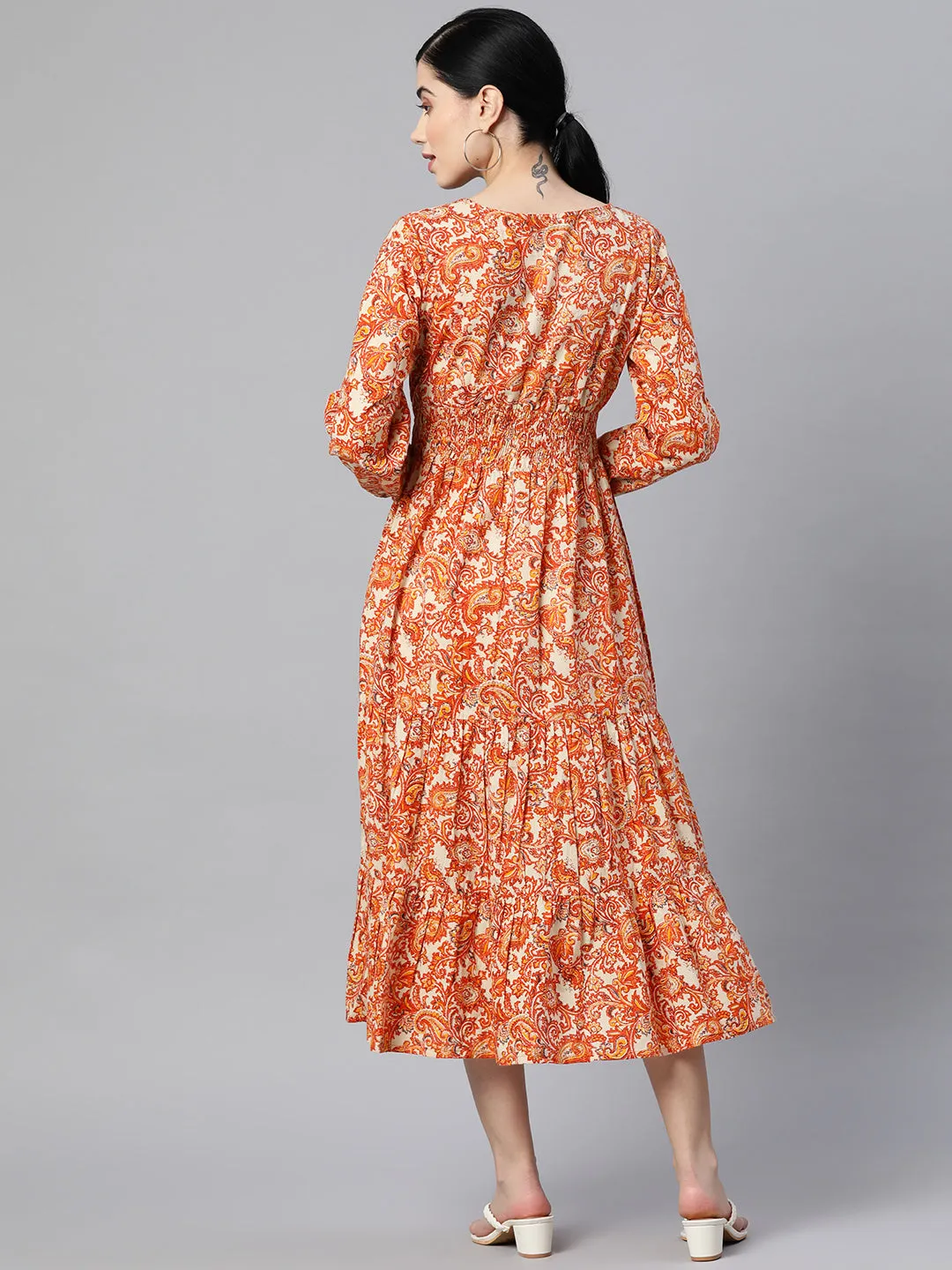 Indibelle Cotton Paisley Print Dress (Orange)