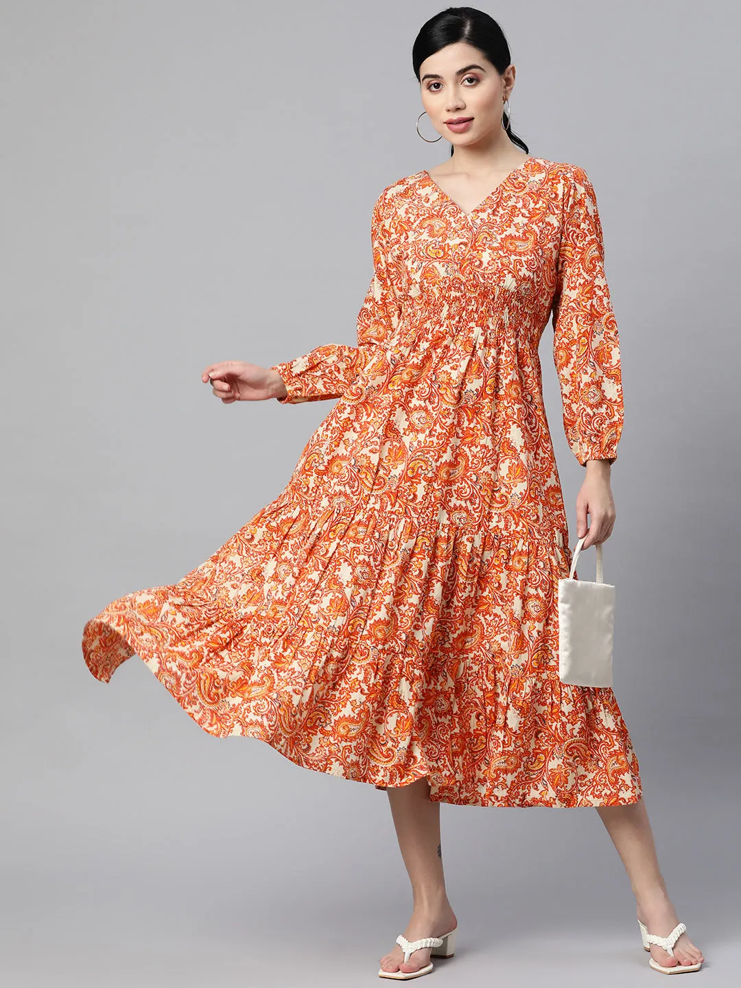 Indibelle Cotton Paisley Print Dress (Orange)