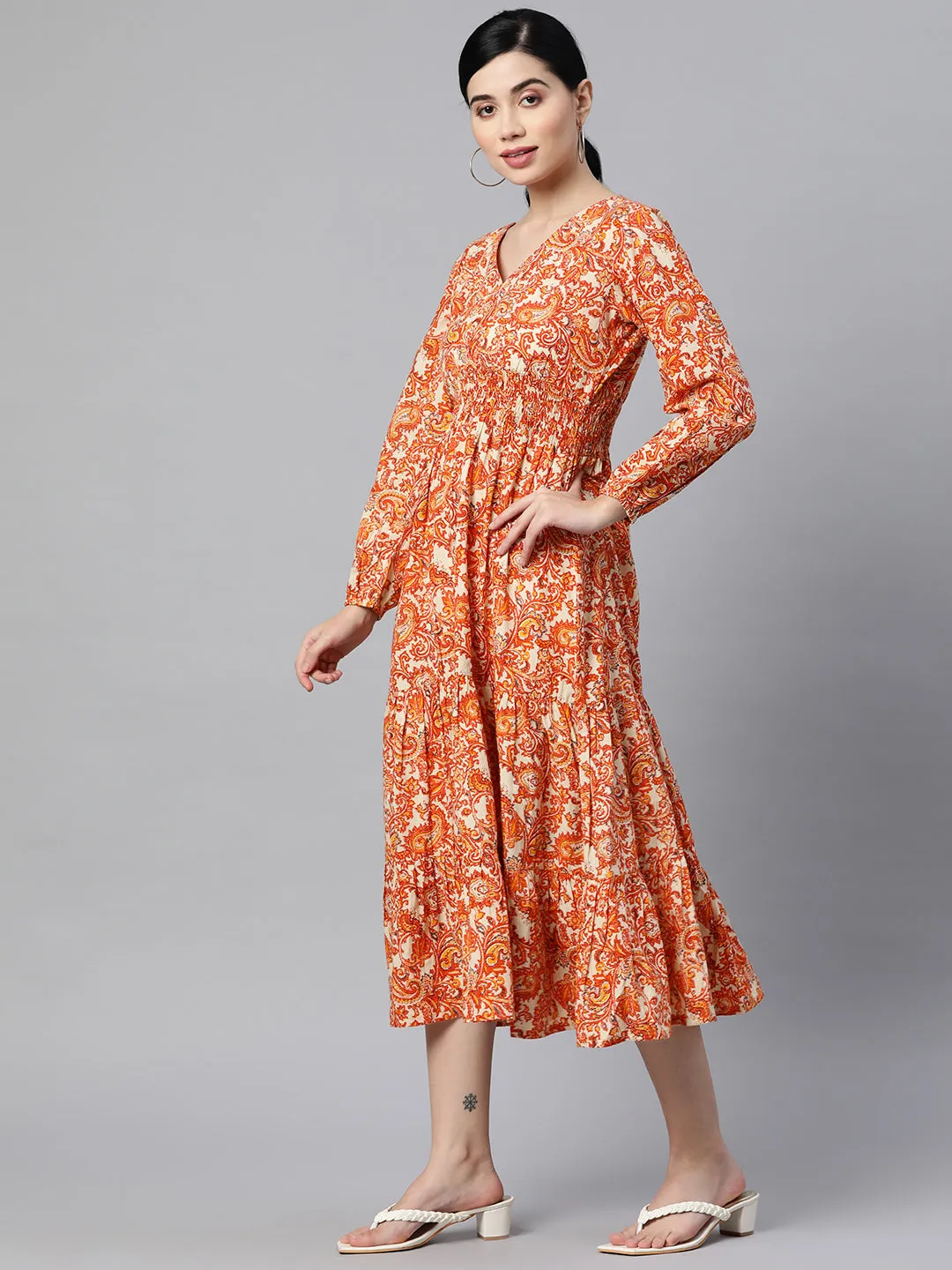 Indibelle Cotton Paisley Print Dress (Orange)