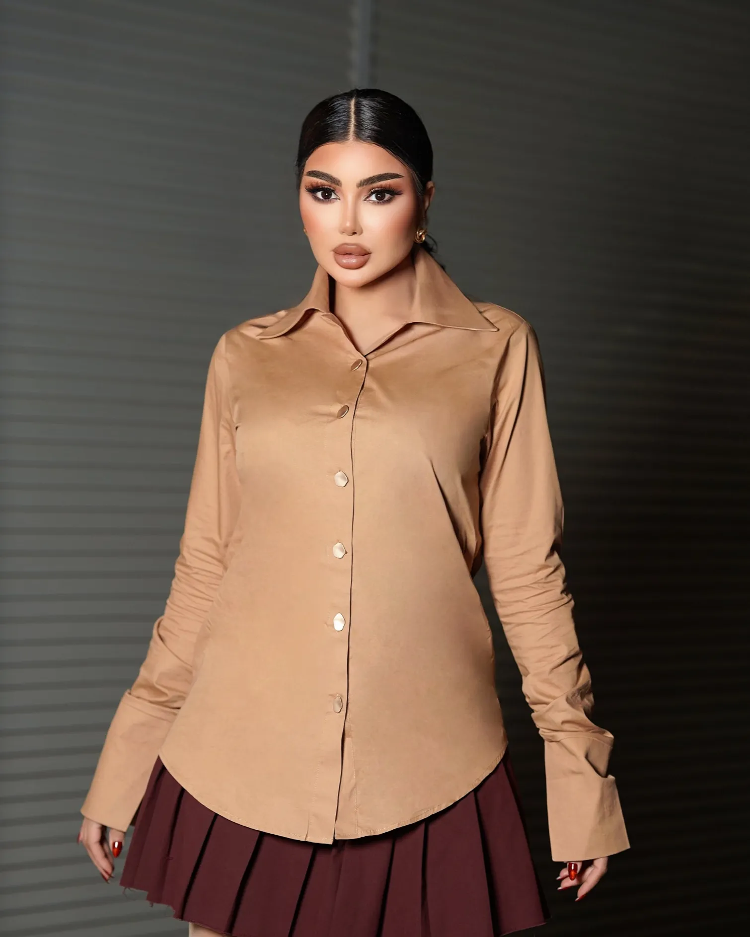 Kaki Cotton Long Sleeve Blouse