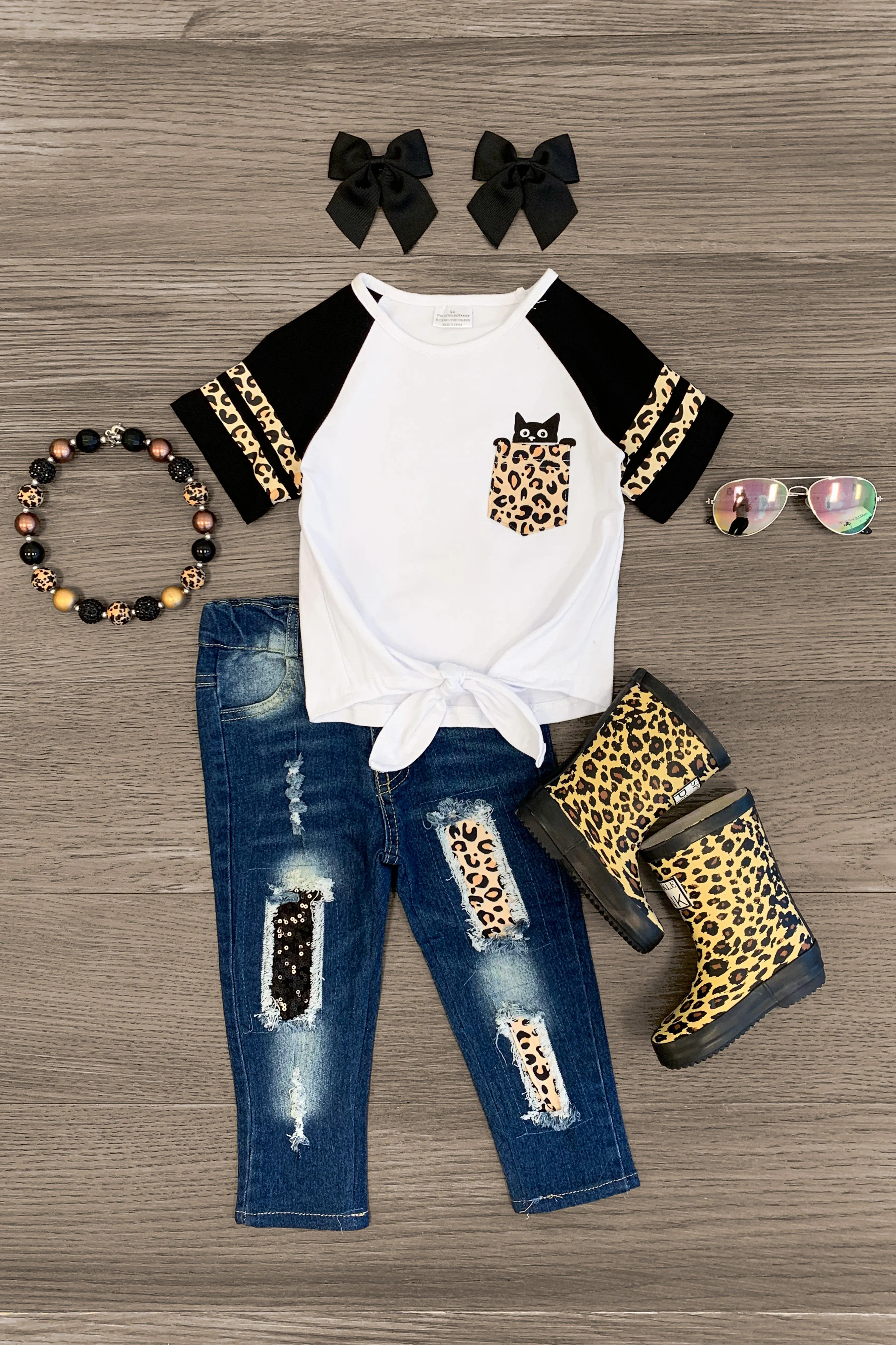 Kitty Cat Cheetah Pocket Denim Pant Set