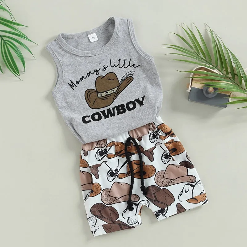 Mamas Little Cowboy - Cowboy Hat , Sleeveless Tank Top  Shorts Casual Sets