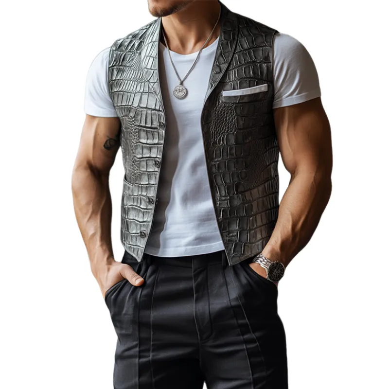 Men's Classic Casual Shawl Collar Textured Leather Vest 06265022K