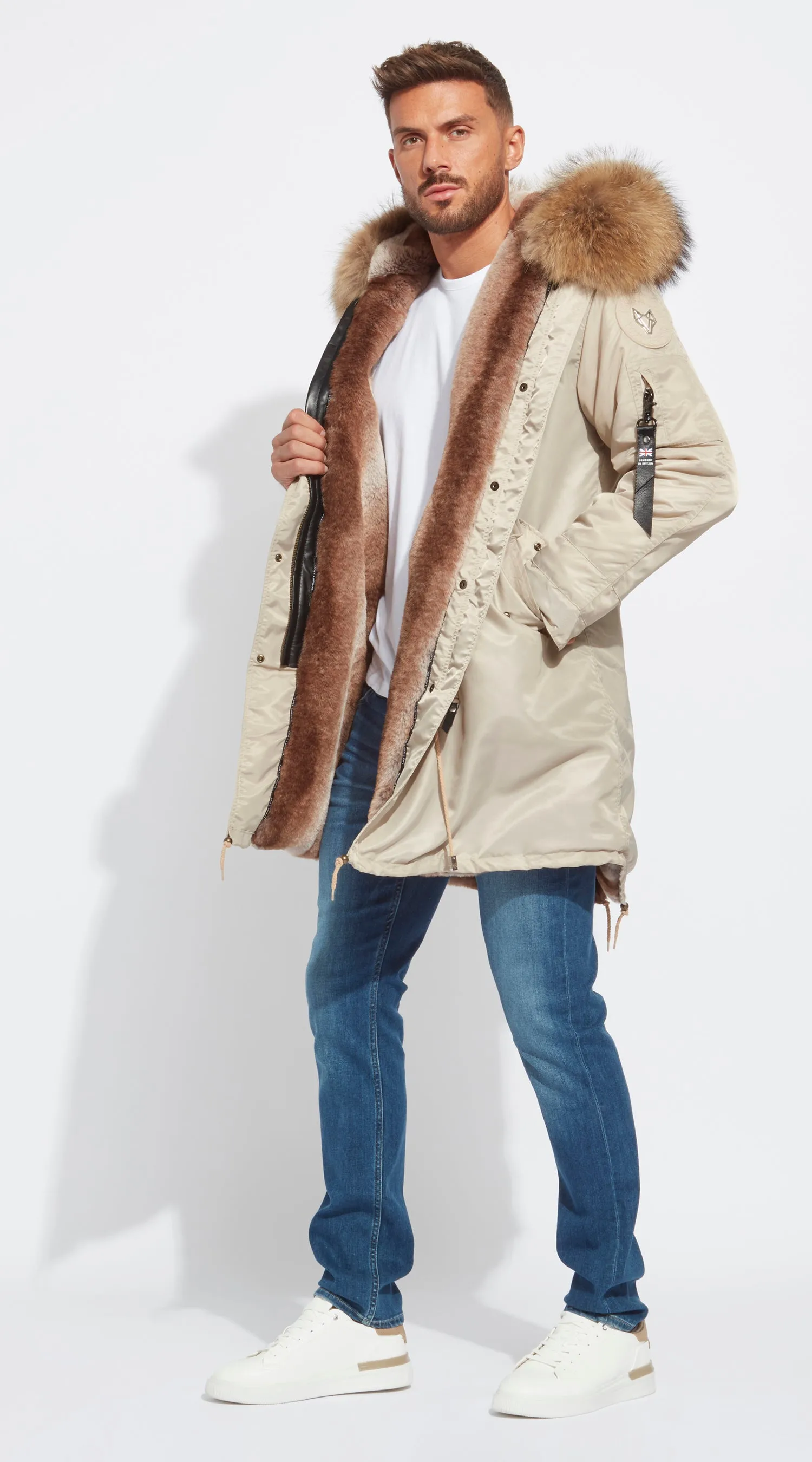 Mens Nude Water-Repellent Luxy Fur Parka - 3/4 Natural