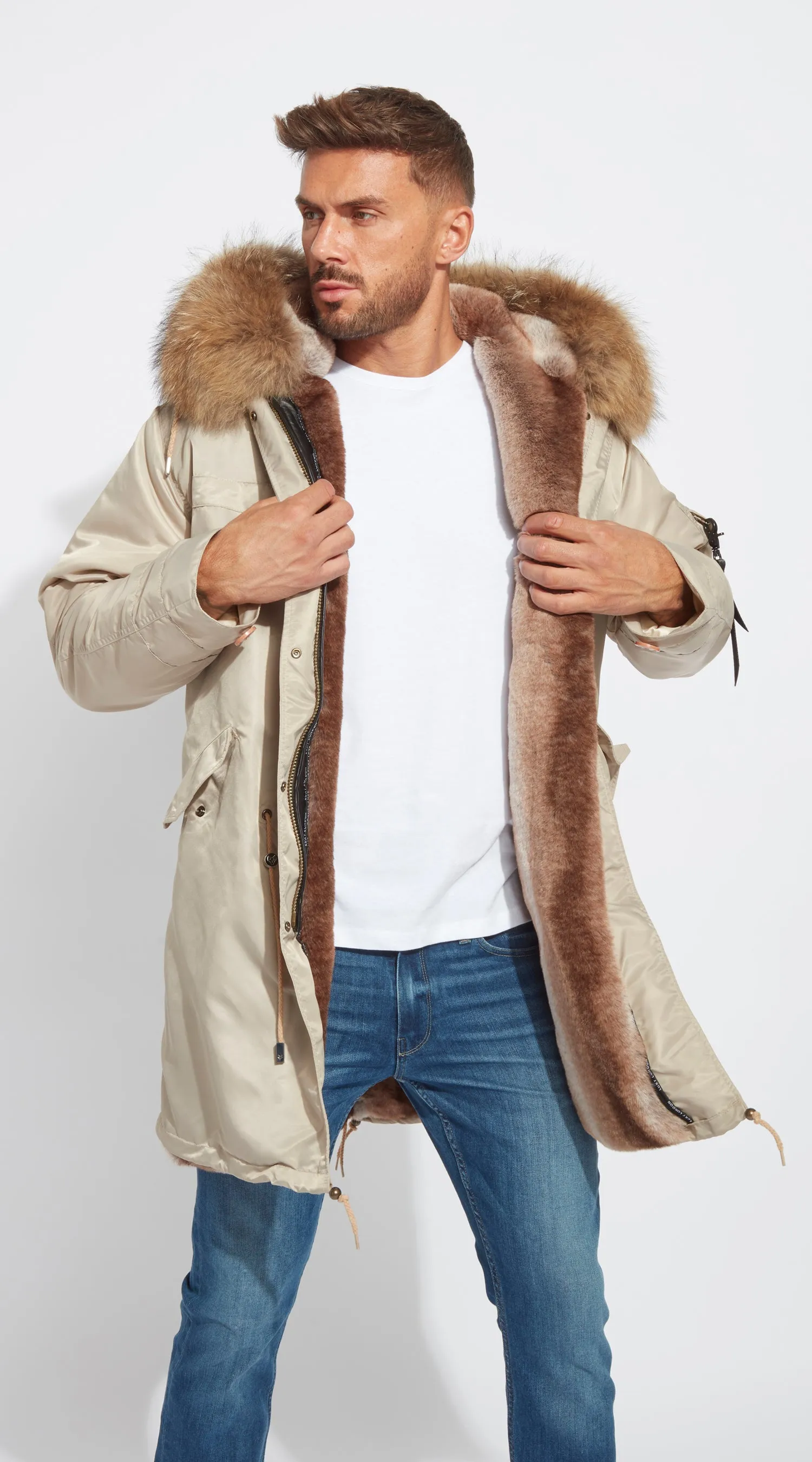 Mens Nude Water-Repellent Luxy Fur Parka - 3/4 Natural