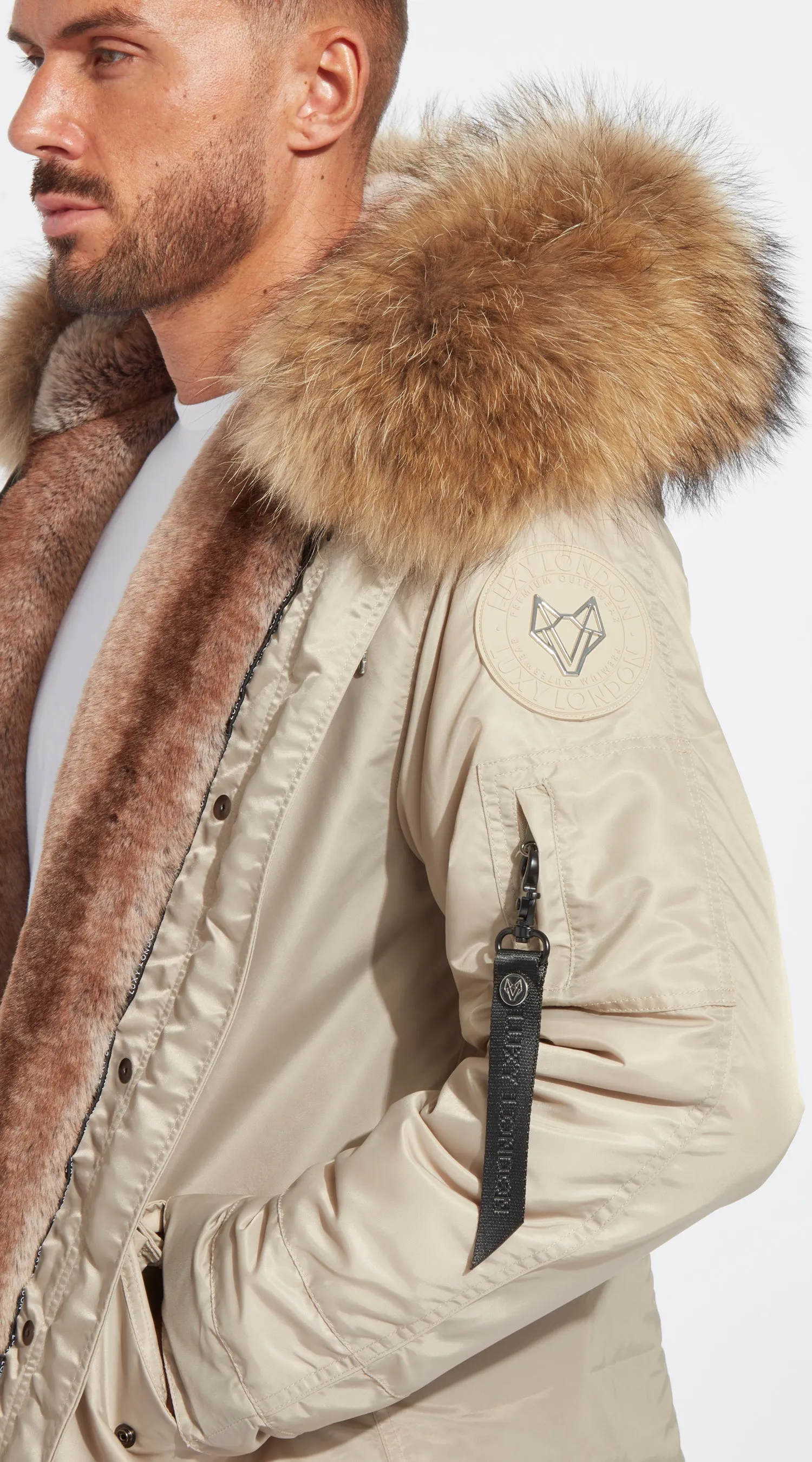 Mens Nude Water-Repellent Luxy Fur Parka - 3/4 Natural