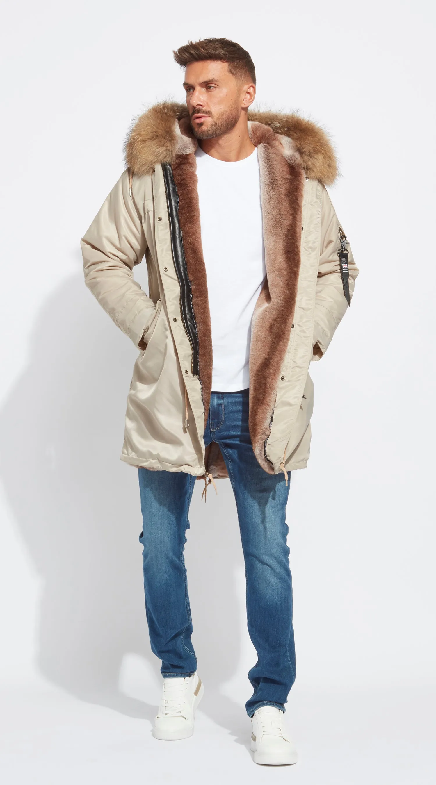 Mens Nude Water-Repellent Luxy Fur Parka - 3/4 Natural