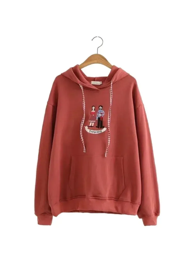 Metaversmall Cartoon Embroidery Women Hoodies Sweatshirts Cotton Sudaderas Mujer Long Sleeve Pocket Drawstring Hooded Pullover Tracksuit