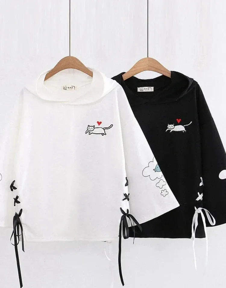 Metaversmall Women Black Cartoon Cat Embroidery Hooded Sweatshirt Lace Up Korean Hoodies Summer Harakuju Casual Cute