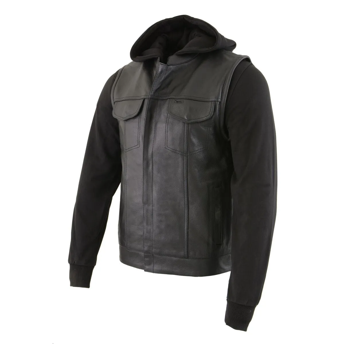 Milwaukee Leather LKM3714 Men's Black Club Style '2 in 1' Zipper Vest with Full Sleeve Hoodie and Quick Draw Pocket